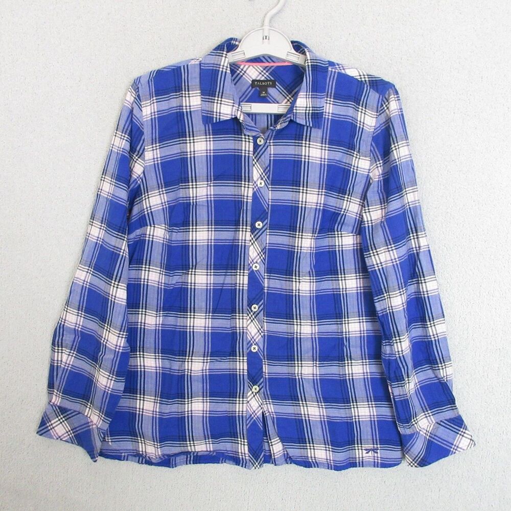 Talbots Shirt Womens M Blue Plaid Long Sleeve Button Up Cotton Casual Everyday